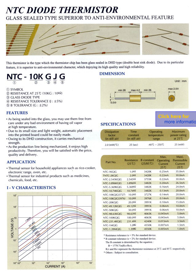 NTC Diode Thermister Spec