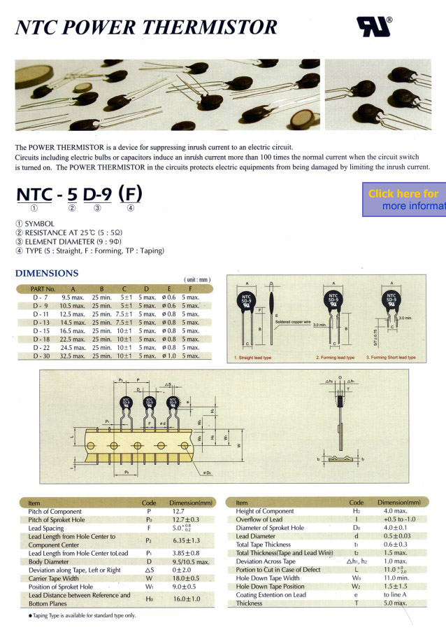 NTC Power Thermister Spec